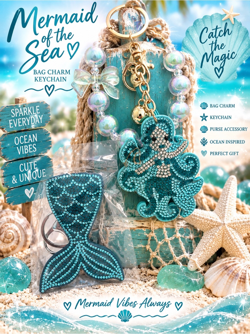 Mermaid vibes 3 keychain bag charms